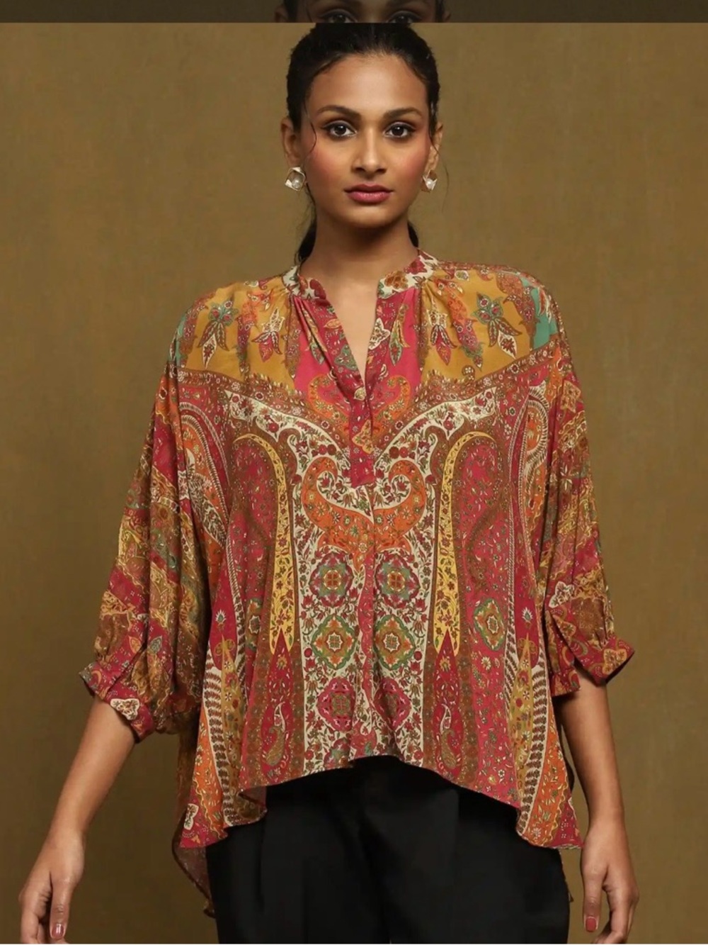 Ritu Kumar Multi Jaisalmer Kaftan Top 100% Silk, Size Small NWT